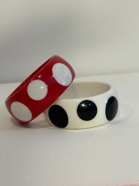 Vintage Chunky Polka Dot Bangle Bracelet Set Red White Mod Rockabilly 2pc